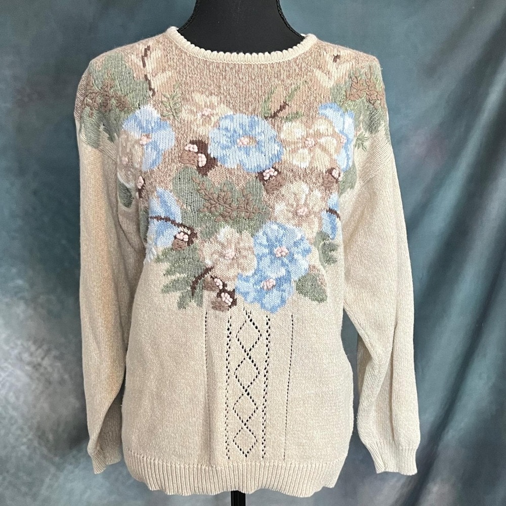 Jantzen 90s Floral Embroidered Knit‎ Sweater Pastel Cottagecore Cozy Size M/L